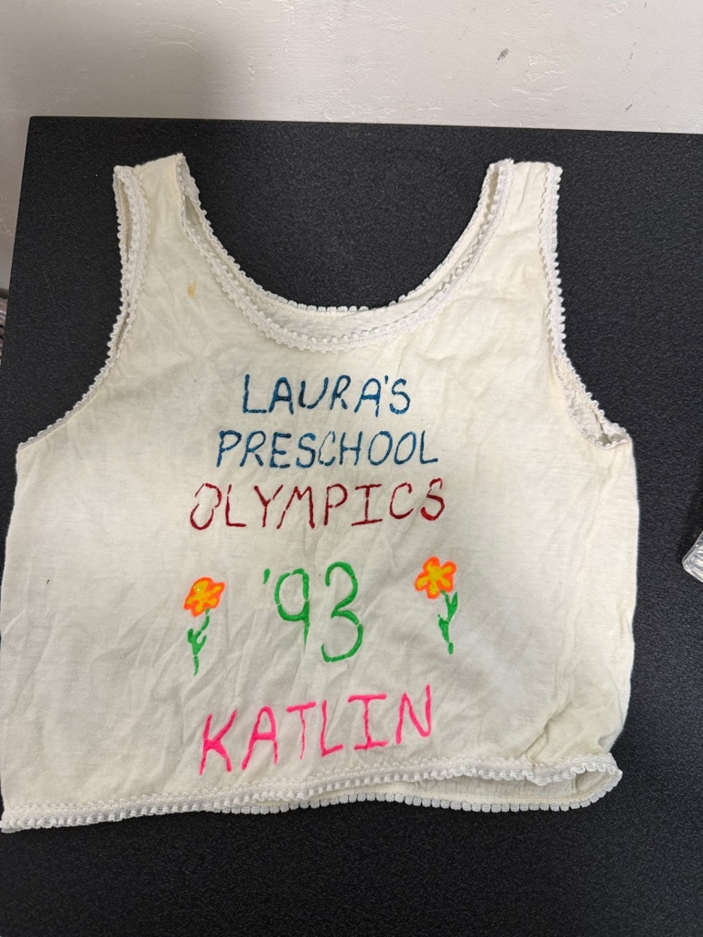 Handmade Cream Preschool Olympics Tank Top with Colorful Embroidery 1993